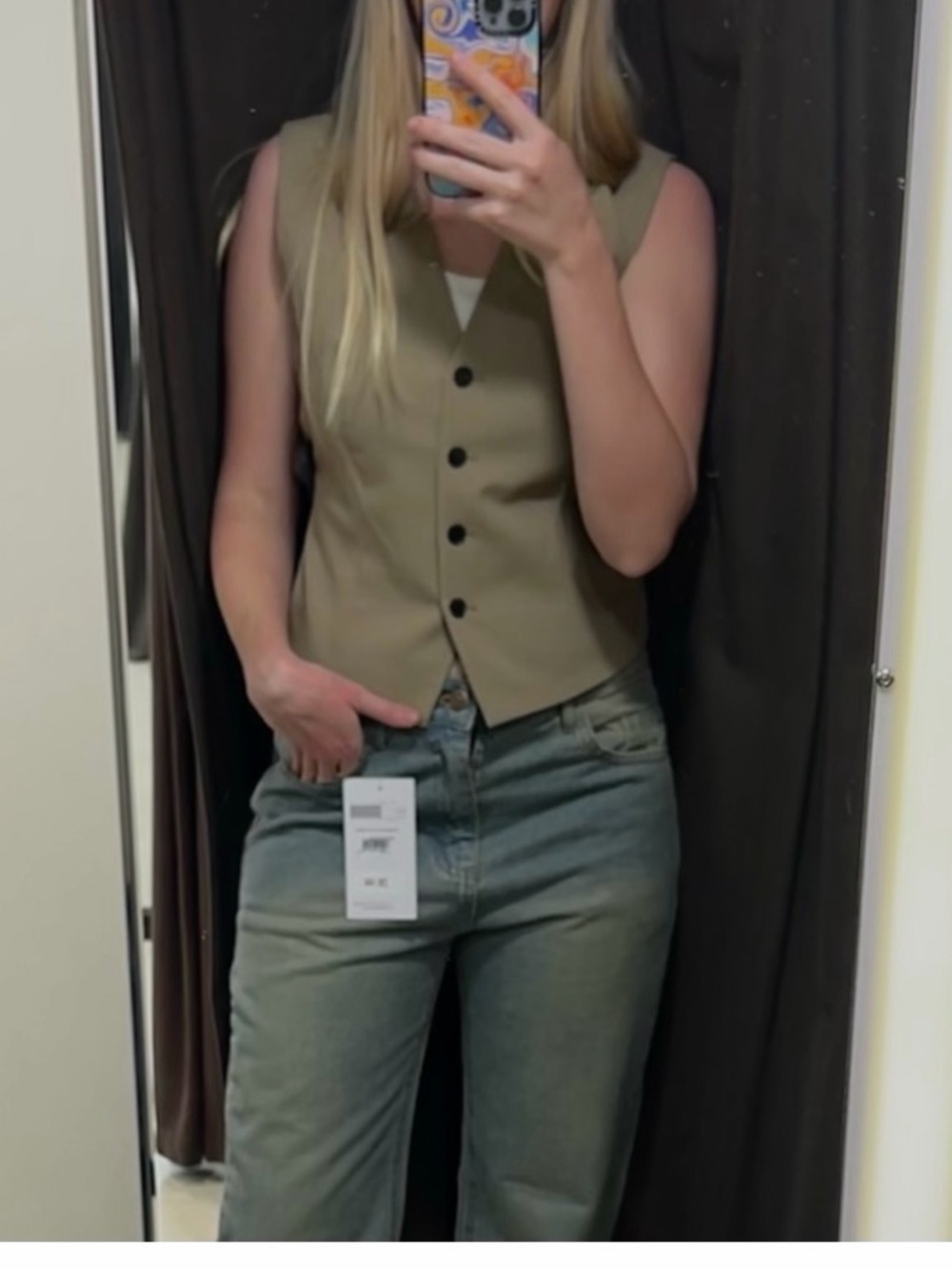 Zara Button Vest in Olive-Tan, Beige